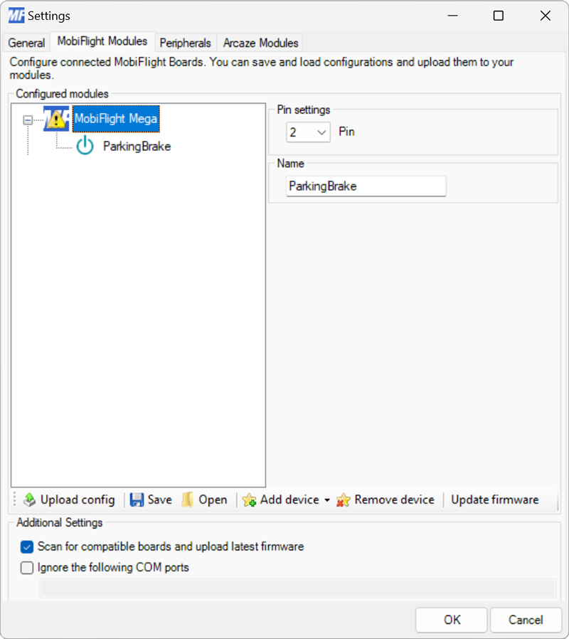 Screenshot of the settings for a button, with pin 2 selected, and ParkingBrake as the name.