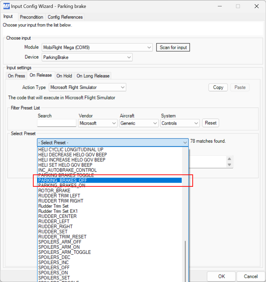 Screenshot of the input tab on release event with the PARKING_BRAKES_OFF preset selected.