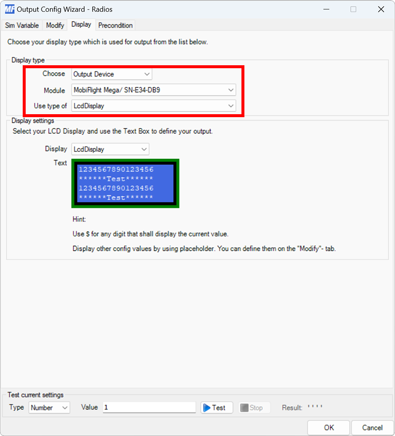 Screenshot of the display tab in the output dialog with a board and LcdDisplay type selected.