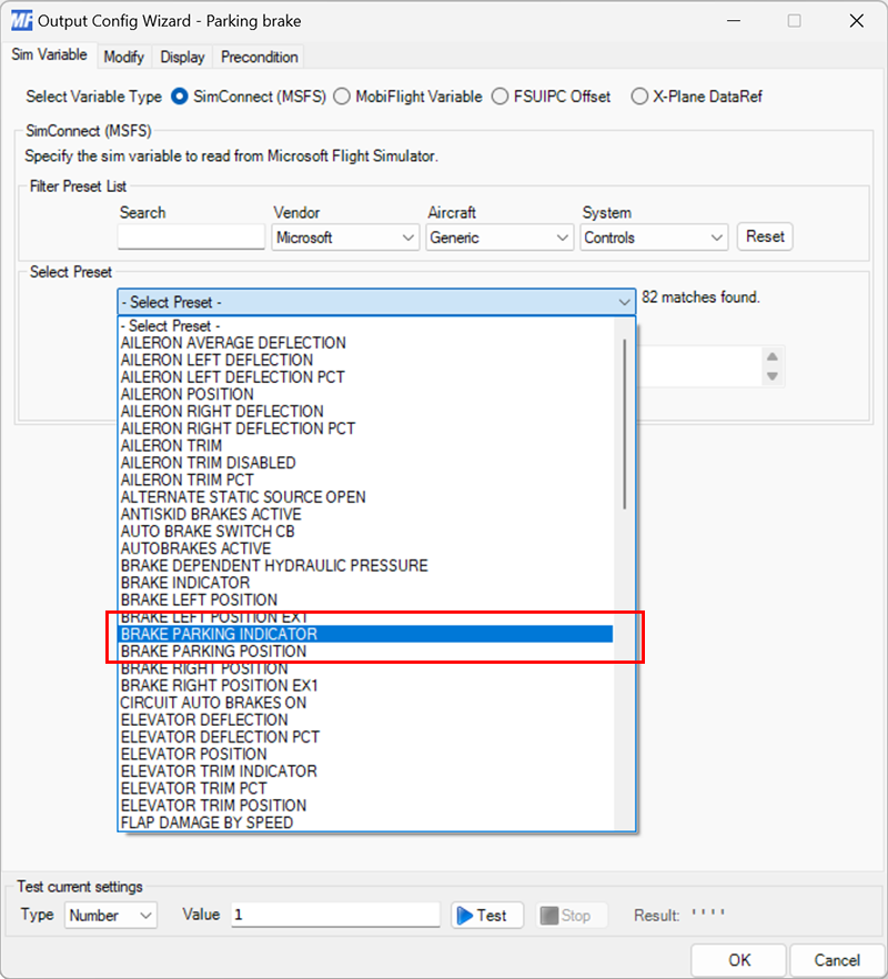 Screenshot of the sim variable tab in the output dialog with the PARKING BRAKE INDICATOR preset selected.