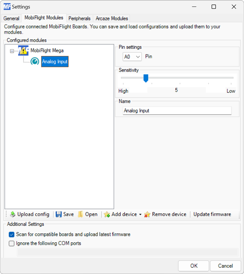 Screenshot of the settings for a potentiometer, with pin A0 selected, medium-high sensitivity, and Analog Input as the name.