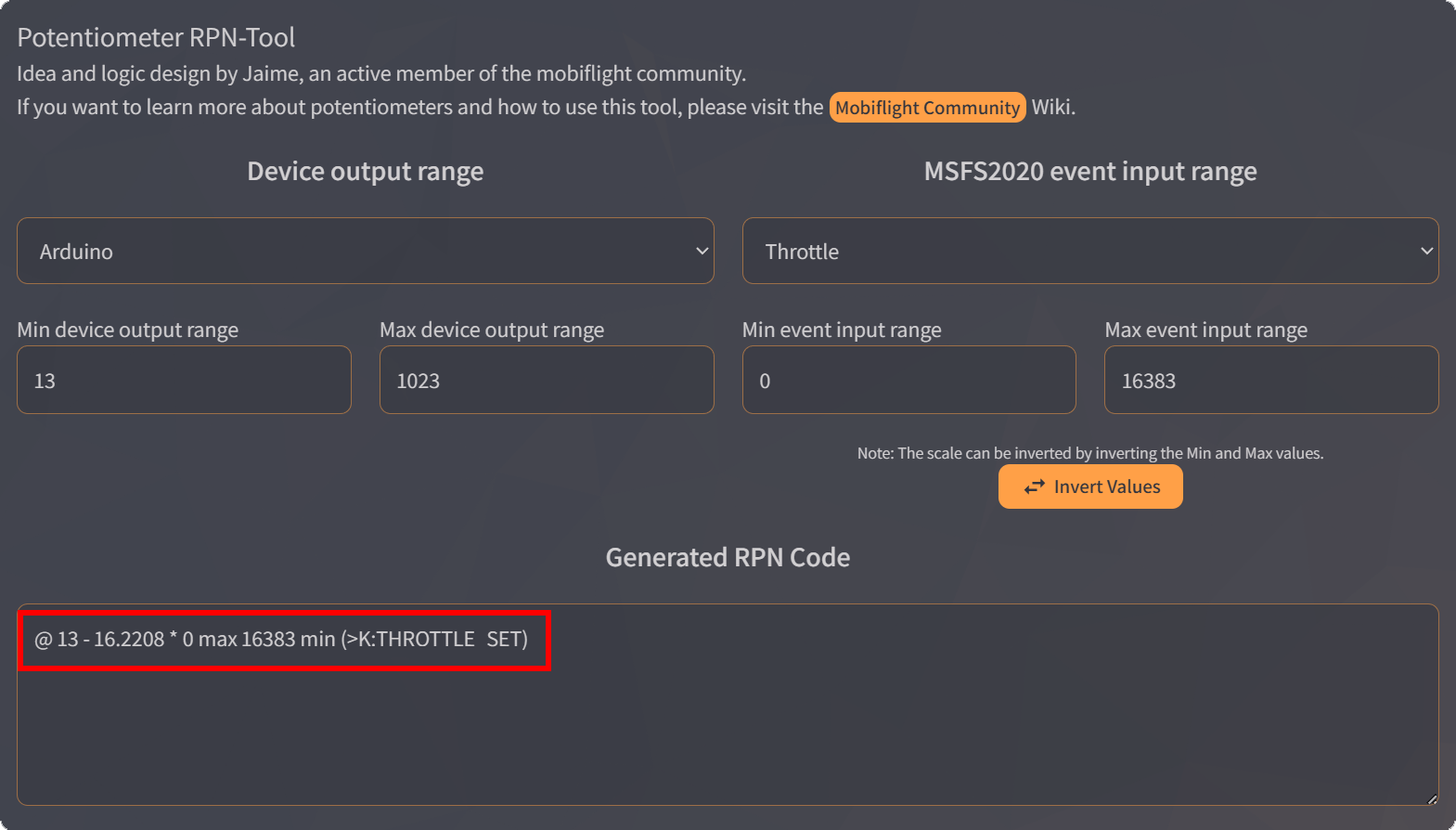 Screenshot of the HubHop potentiometer tool with the generated RPN code highlighted.