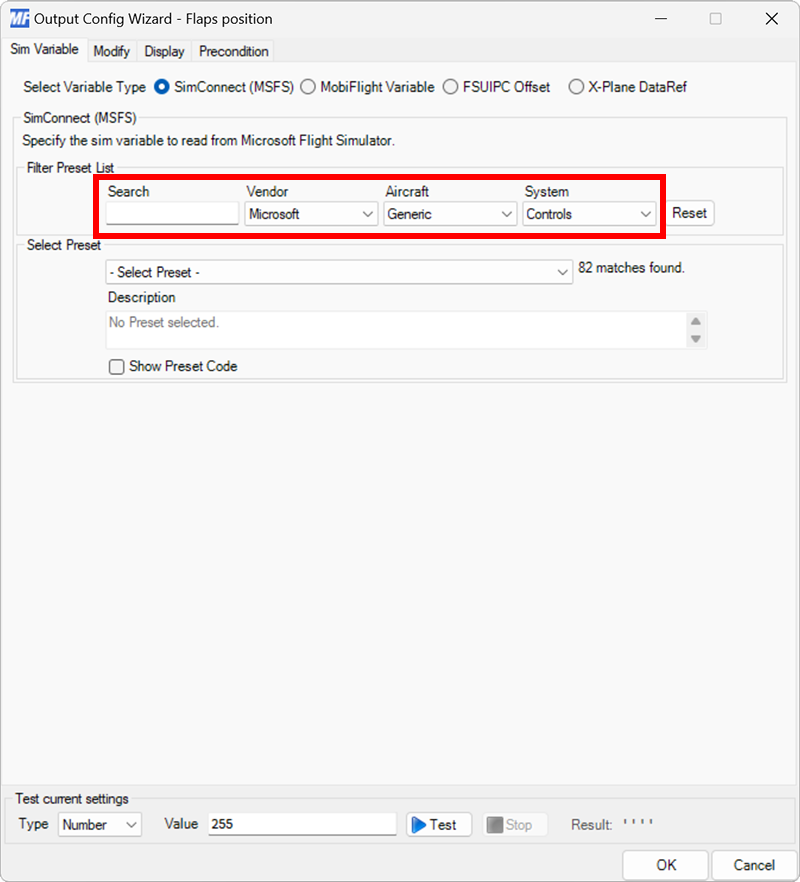 Screenshot of the sim variable tab in the output dialog filtered by Microsoft / Generic / Controls.