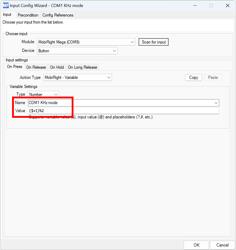 Screenshot of an input configuration mapped to the encoder button, configured as a MobiFlight - Variable action type.