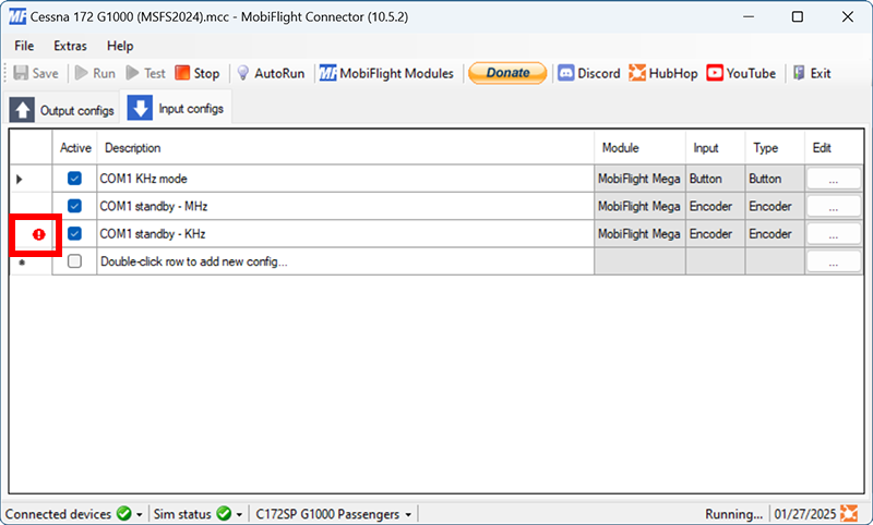 Screenshot of the main MobiFlight window input tab with a red exclamation mark next to the COM1 standby - KHz row.