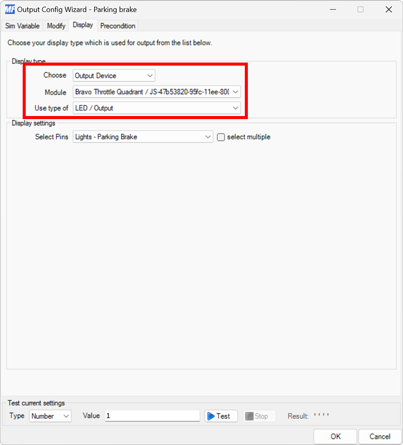 Screenshot of the display tab in the output dialog with a joystick and LED / Output type selected.