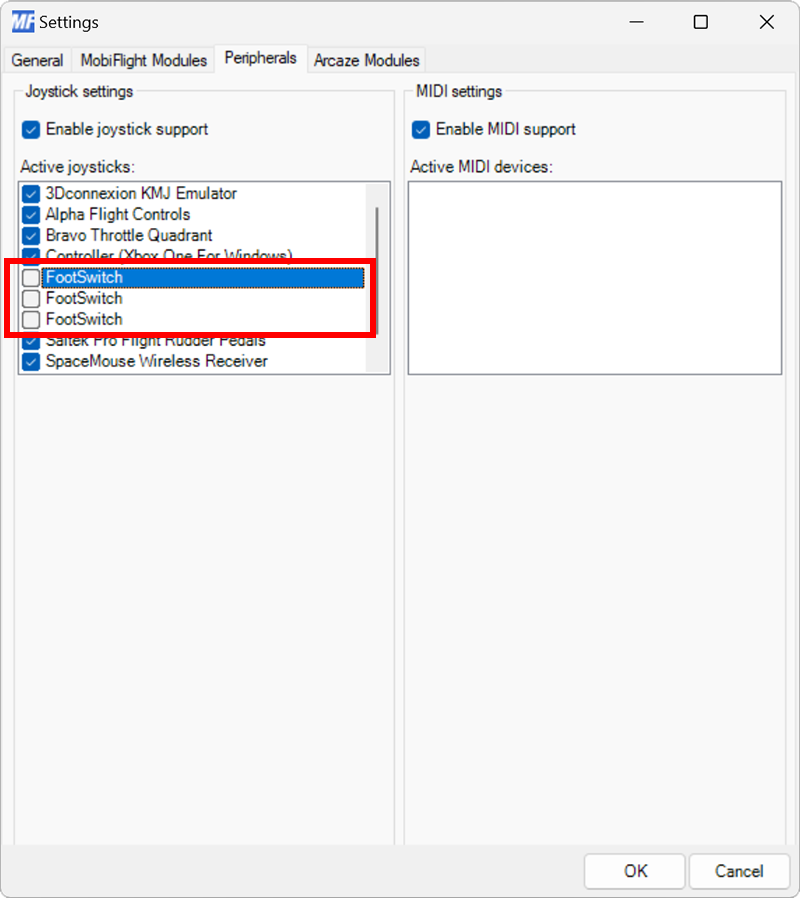 Screenshot of the Peripherals tab in Settings with three FootSwitch joysticks disabled.